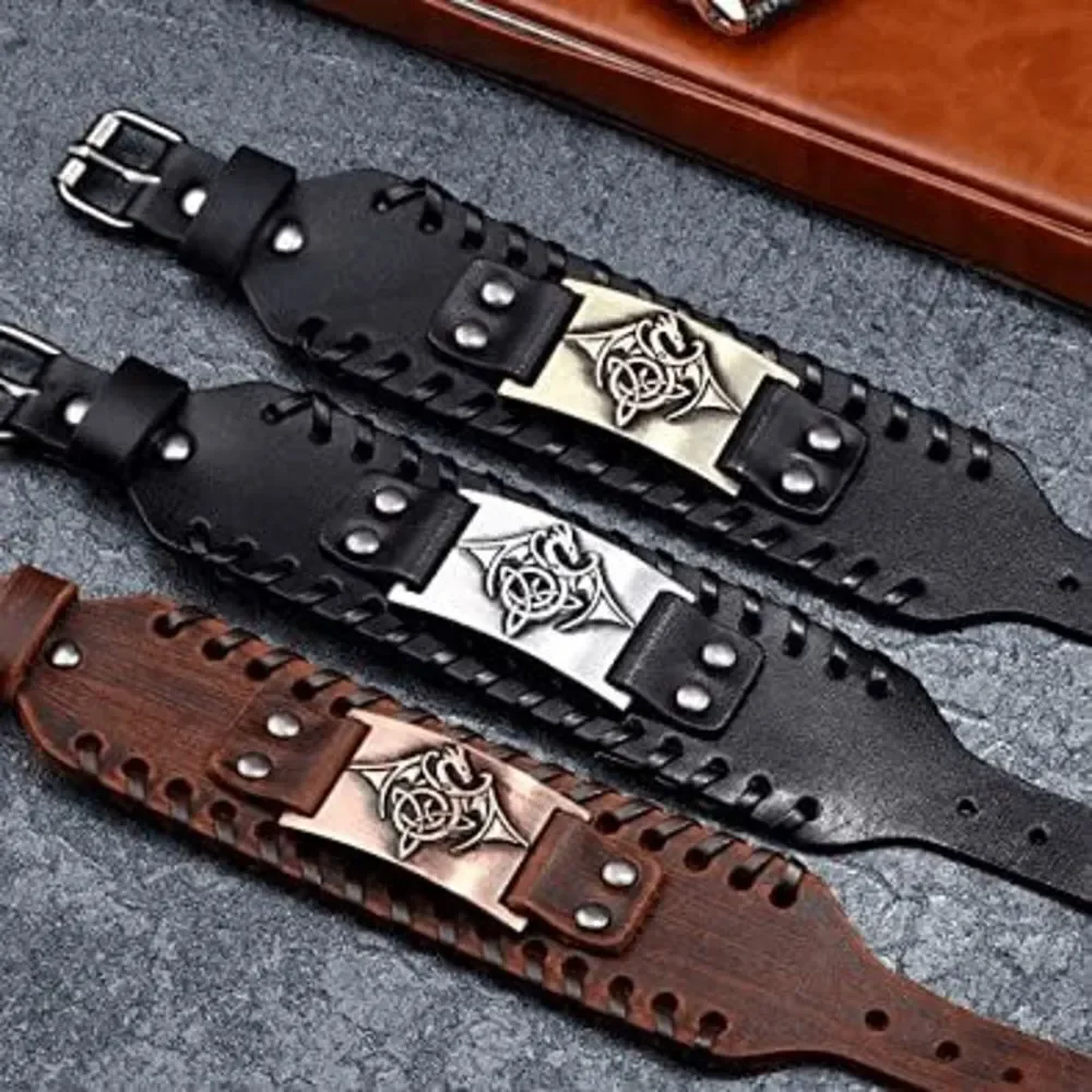 Viking Punk Gothic Black Leather Cuff Bracelet Wristband with Nordic Amulet